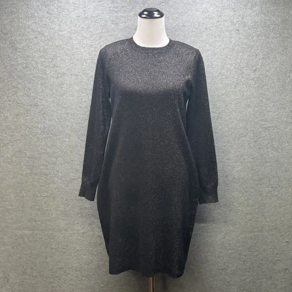 Loft Women L Black/Gold Shimmer Knit Dress Long Slv Fitted Sheath Cocktail Party